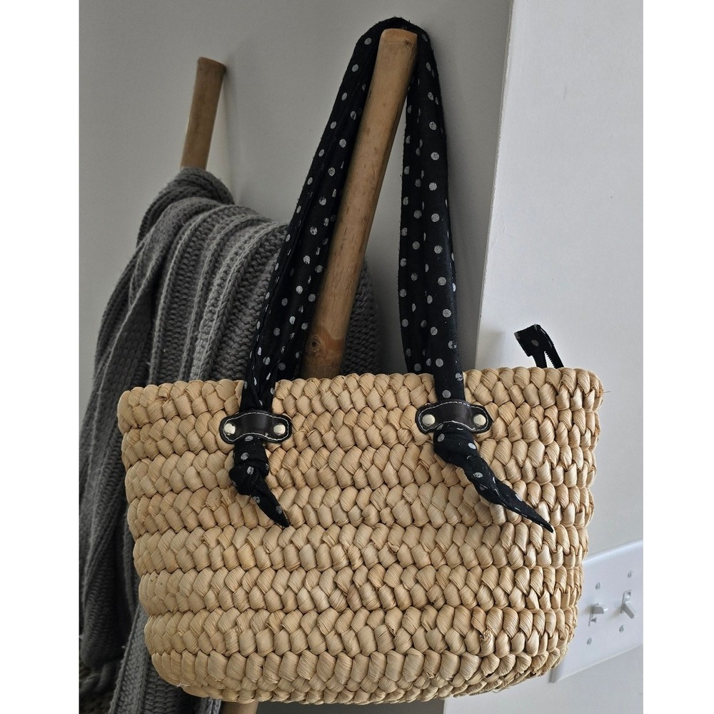 Cappelli Straworld Woven Corn Husk Tote Bag Polka Dot Handles Tan Black White